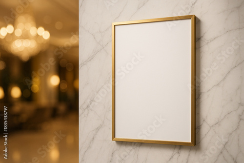 Photorealistic mockup of a blank vertical white poster with a gold frame hanging on a luxurious marble wall in a high-end hotel lobby with bokeh.