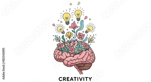 Illustration of a brain with flowers and lightbulbs symbolizing ideas