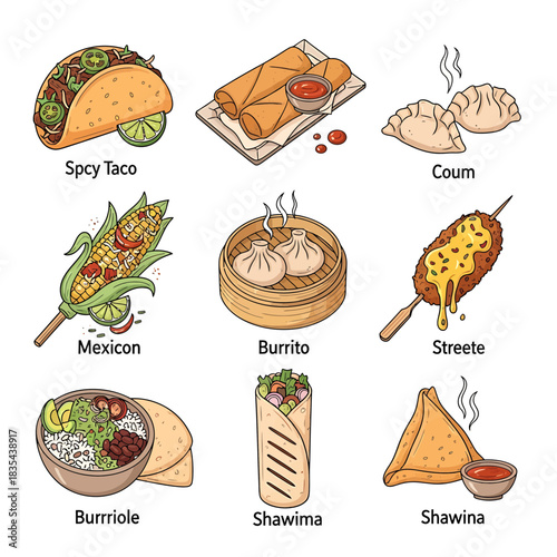 World Street Food Collection Vector – Spicy Tacos, Shawarma, Samosa, Dumplings and Burritos

