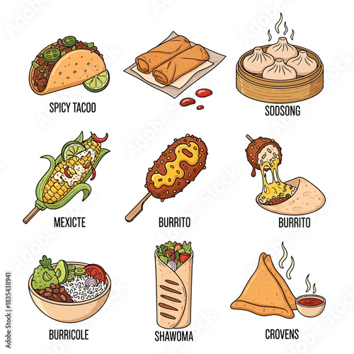 World Street Food Collection Vector – Spicy Tacos, Shawarma, Samosa, Dumplings and Burritos

