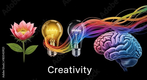 A flower lightbulbs and a brain connected by colorful light streams