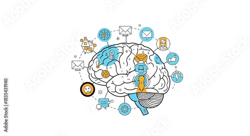 Human brain with social media icons and communication symbols around it