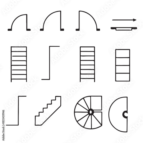 Doors, stairs for floor plan top view. Architectural elements set for apartment scheme. vector silhouette