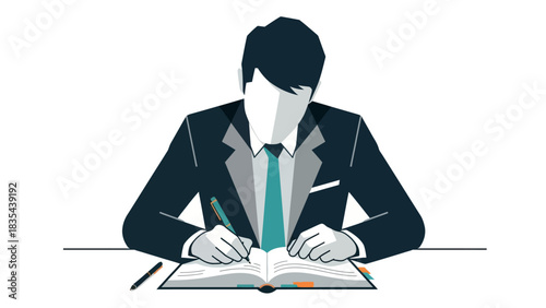 Man in Suit Writing in Notebook with Focus and Determination.