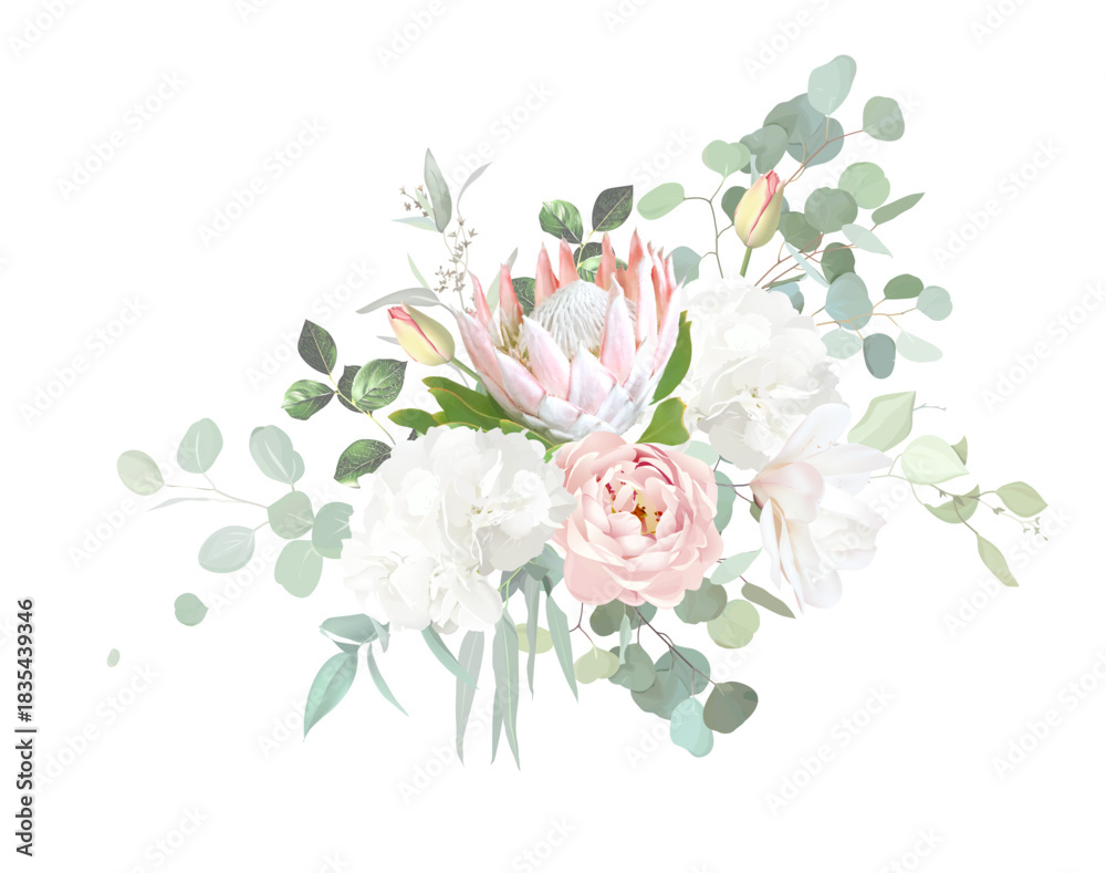 Fototapeta premium Pink garden rose, white magnolia, hydrangea, pink king protea, eucalyptus, sage greenery vector design wedding spring vector bouquet. Floral summer watercolor. Elements are isolated and editable