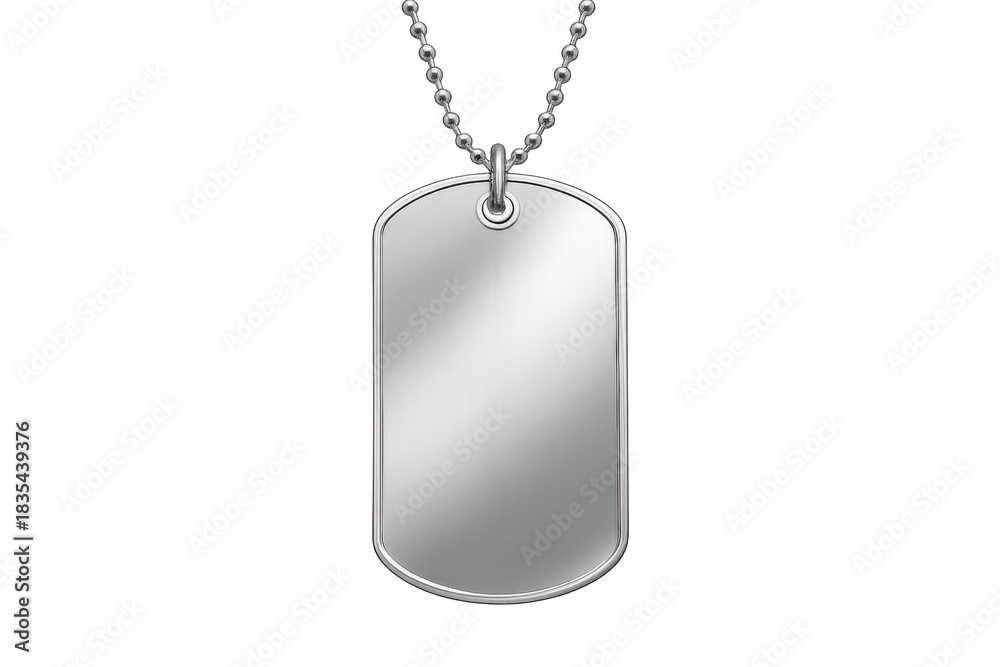 Fototapeta premium Military dog tag identity blank pendant on ball chain, silver metal recognition army id, transparent background