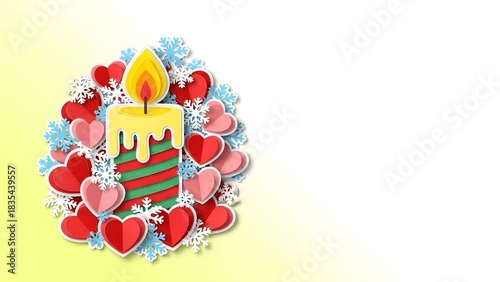 Festive paper cut candle glowing surrounded by red hearts and white snowflakes on a bright gradient background for a holiday celebration concept