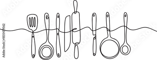 Continuous Line Drawing of Kitchen Utensils and Cooking Tools