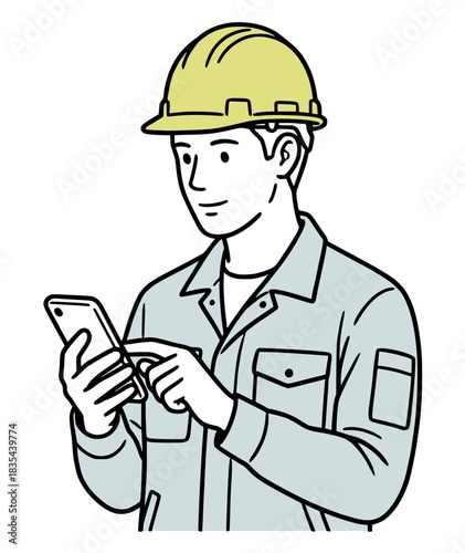 スマートフォンを操作する作業員のイラスト：現場のDXと連絡（シンプルな線画・ベクター）