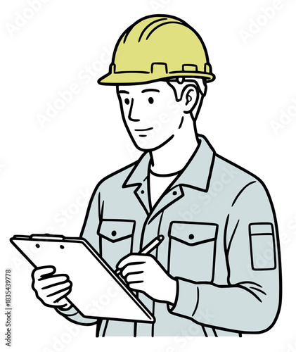 バインダーに記入する作業員のイラスト：点検と安全確認（シンプルな線画・ベクター）