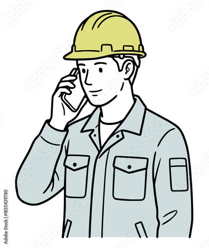 スマートフォンで通話する作業員のイラスト：現場の報告と連絡（シンプルな線画・ベクター）