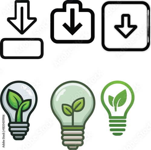 Six icons representing downloads and eco-friendly light bulbs