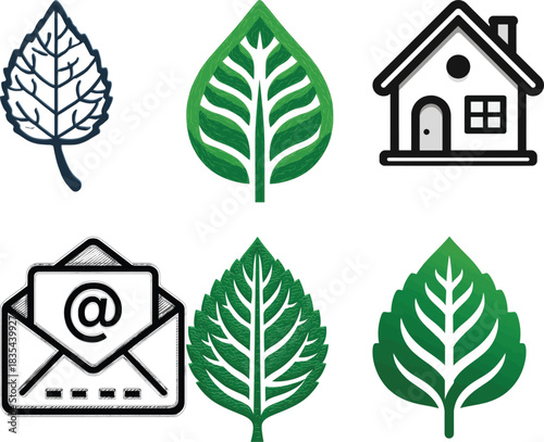 Assortment of six icons with nature and home themes