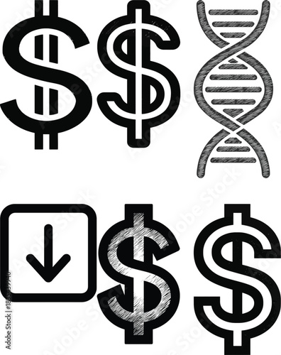 Collection of Six Icons Featuring Dollar Signs and DNA Strands