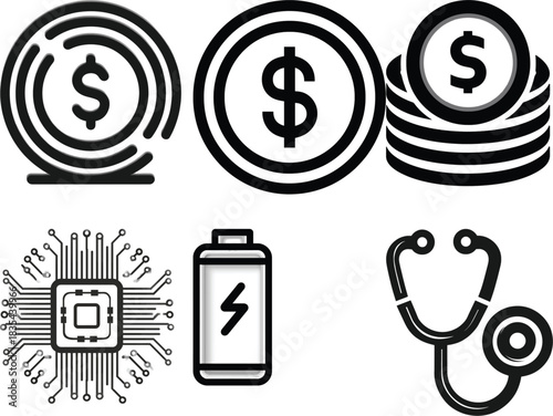 Icons of Coins, Microchip, Battery, and Stethoscope 