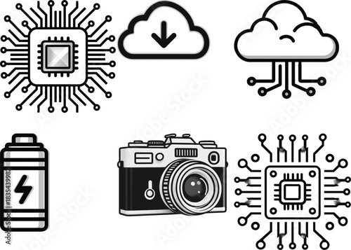 Icons of Microchip, Cloud Download, Camera, and Battery 