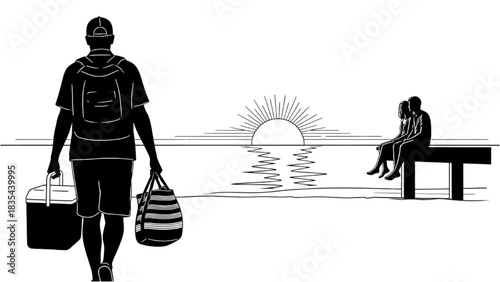 Silhouette Line Art of Person Carrying Cooler and Beach Bag, Couple Sitting on Pier by Ocean, Summer Scene