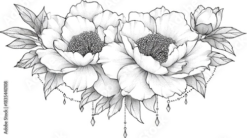 Detailed stippling illustration depicts a lush arrangement of blooming flowers and foliage with delicate hanging ornaments