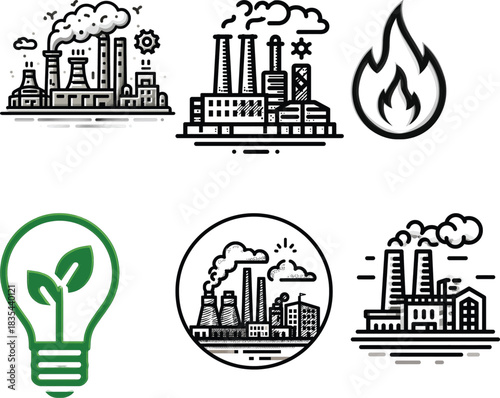 Industrial and Eco- Friendly Energy Icons with Fire and Lightbulb factory icon power plant icon