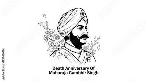 Black and white line art portrait of Maharaja Gambhir Singh.