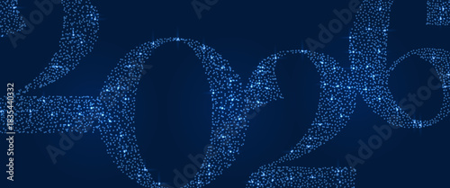 Happy new year 2026 holiday card with big number made of dopped stipple pattern with glittering stars on dark blue background for celebration. Vector