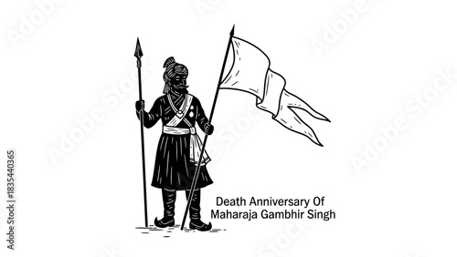 Drawing of a warrior holding a spear and flag commemorating a historical event.