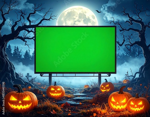 Eerie Halloween night landscape with a blank green screen billboard, surrounded by glowing jack-o'-lanterns in a spooky, moonlit forest