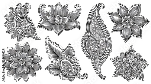 Ornate collection of detailed floral and paisley design elements rendered in monochrome engraving style
