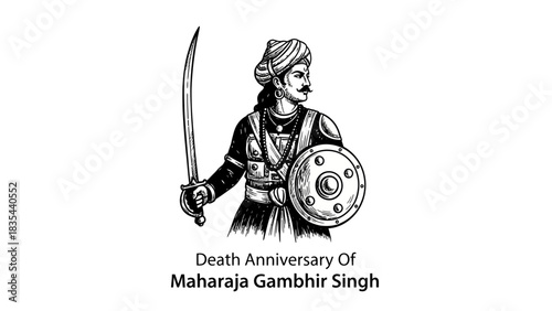 Maharaja Gambhir Singh, a historical warrior with sword and shield.