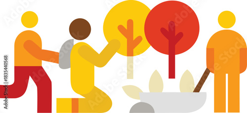 Community planting trees together for vibrant urban green space on black background