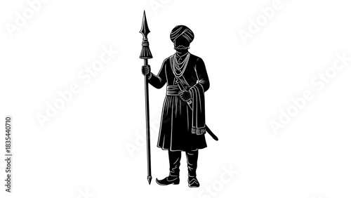 Silhouette of a Sikh warrior holding a spear and sword.
