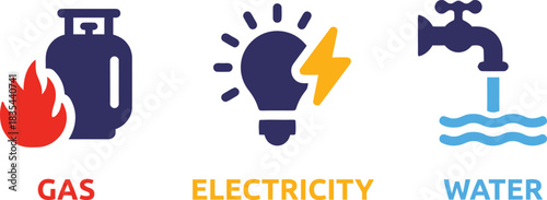 flowing, three, propane, design, yellow, tap, energy, description:, call, lightning, gas, icons, water, flat, utility, electricity, navy, service, symbol, services:, water., tank