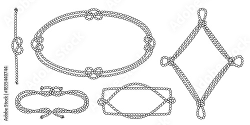 Nautical rope frames and vintage sailor knots collection. Vector marine borders with braided patterns and maritime decorative elements. Classic naval design with oval, rhombus and rectangular shapes.