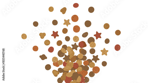 Vibrant assortment of colorful pet food kibble shapes scattering across a clean white background for healthy animal nutrition