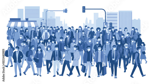 Massive crowd of diverse city pedestrians wearing protective face masks crossing busy urban street