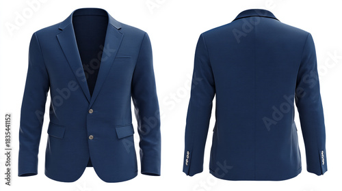 A navy blue suit jacket displayed from the front and back on a white background in a studio shot