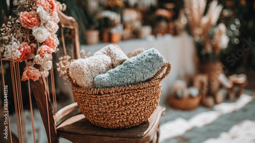 Woven basket holding soft rolled textiles sits on a wooden seat beside a floral arrangement