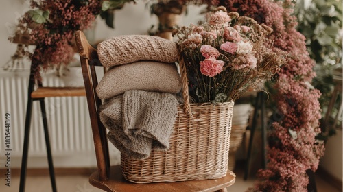Stack of knitted garments rests beside a basket filled with dried and fresh flowers on a wooden chair