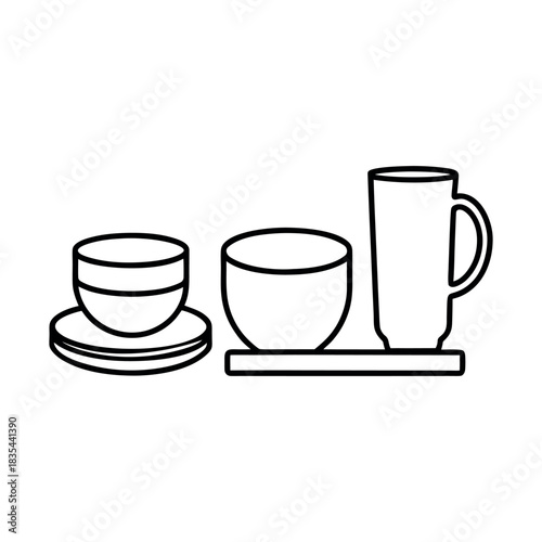 Line art icons of a mug, a plate, a bowl, and a glass tumbler, on a white background.