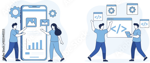 Team of software developers and designers working together to build and optimize a mobile application, focusing on coding, user experience, and digital interface development.