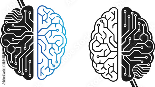 Stylized illustration of the human brain with half digital circuit board and half organic structure, symbolizing artificial intelligence, deep learning, and digital cognition.