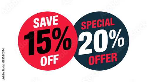 Discount stickers with percentage off offers for retail sales and promotions