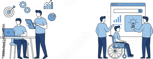 Teamwork focused on reaching business goals, demonstrating data analysis, market strategy, and workplace inclusion with a person using a wheelchair in a meeting.