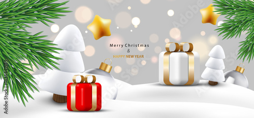 Merry Christmas landscape web banner with realistic 3d glass ball, trees and gift boxes. Snow decoration element with star, bokeh light and branches. Holiday card vector X-mas design.