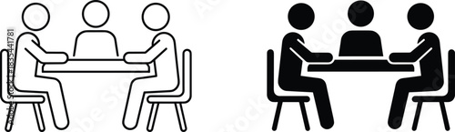 Three people sitting at a table in a meeting or discussion, representing teamwork, consultation, negotiation, and collaborative problem-solving in business or mediation.