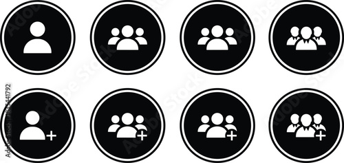 Set of vector icons with solid white user profiles and small groups of people inside contrasting black circles, including symbols for adding a new user or member to a team.