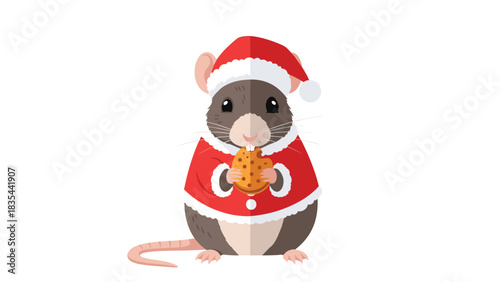 Adorable little rat dressed in Santa suit happily enjoying a chocolate chip cookie for the holidays