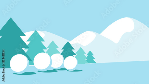 Minimalist winter landscape with snowballs trees and mountains in blue tones