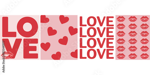 Valentine s day collage with love text hearts and lips pattern background