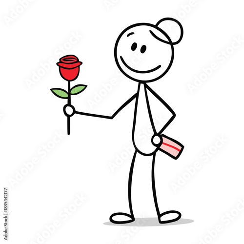 A cute stick-figure scene where one character kneels with a tiny ring, proposing with a big smile, while the other blushes with joy, hearts floating gently around them.”